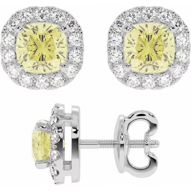 2.5 CTW Fancy Yellow Cushion Lab Diamond Stud Earrings "Carol"