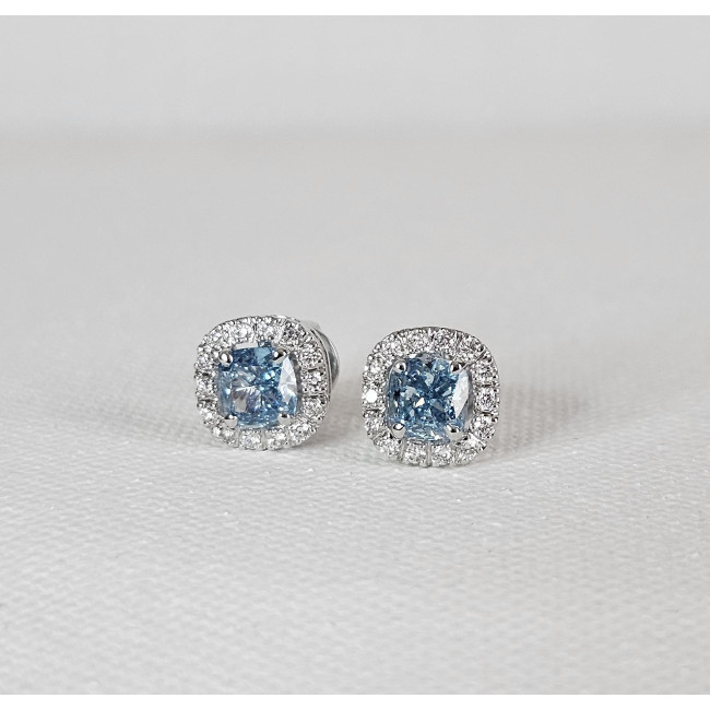 2.5 CTW Blue Cushion Cut Lab Diamond Stud Earrings "Carol"